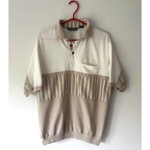 90s vintage white brown striped retro style unisex mens collared polo golf shirt
